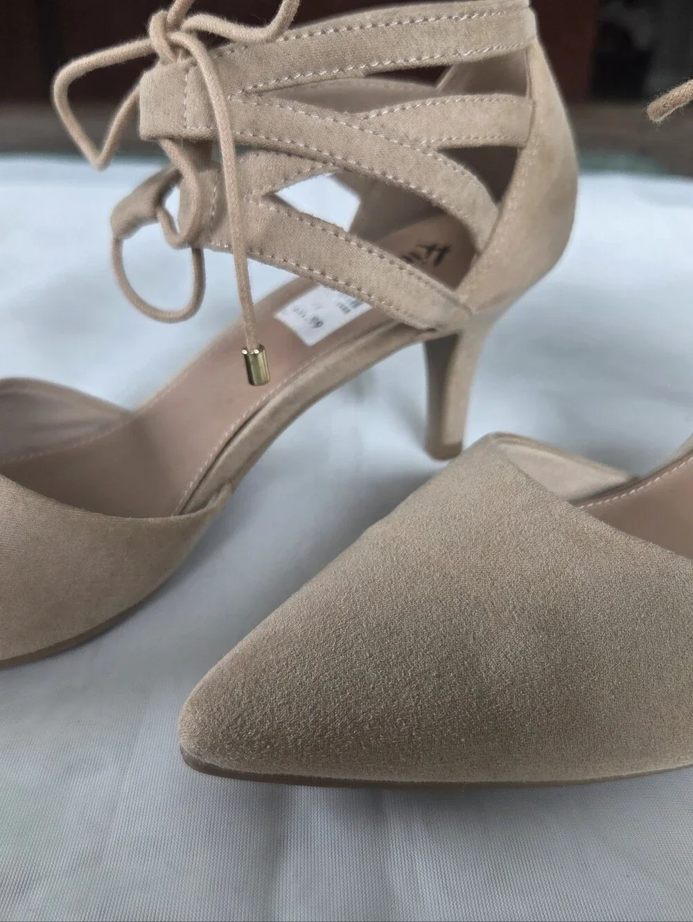 Lace-Up Pointed-Toe Heels‎ in Beige